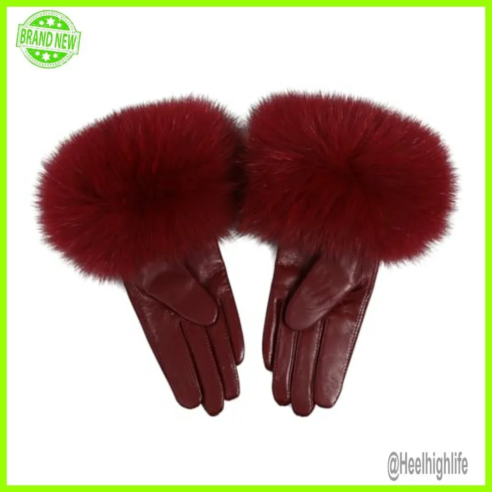 Genuine Lambskin Leather Gloves with Fox Fur Trim, Velvet Lined, Winter Driving